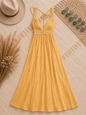 Women’s Yellow Crochet Lace-Trim Maxi Dress